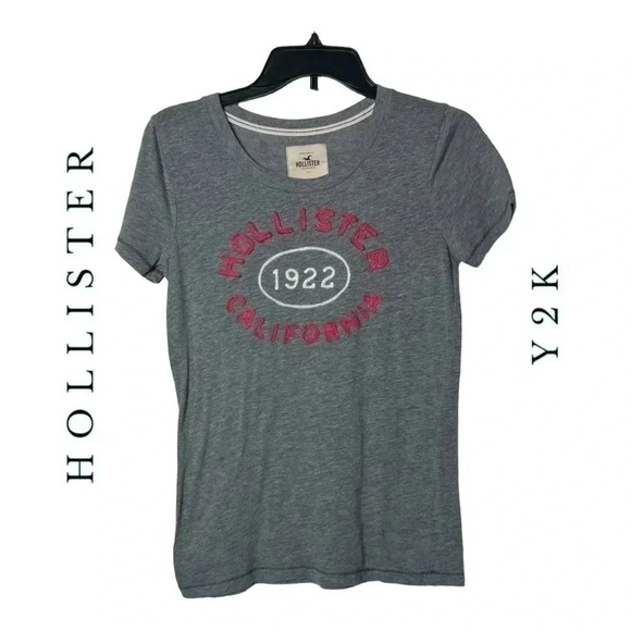 1556. HOLLISTER Y2K SHORT SLEEVE TOP GRAY IN COLOR‎ WITH PINK/WHITE LETTERING LG - Picture 1 of 9